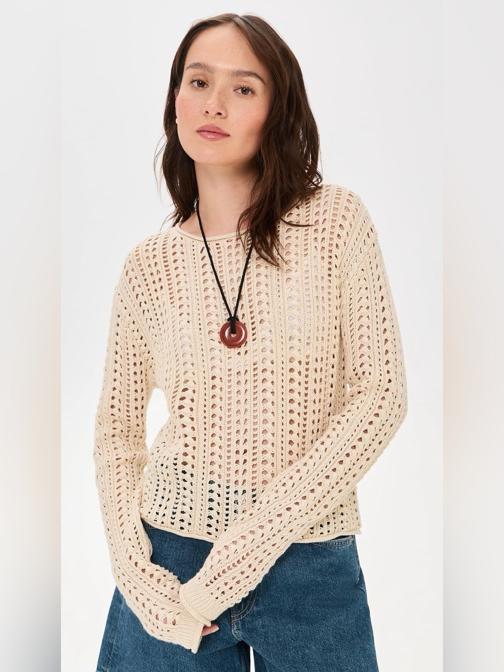 Z Supply Cream Open-Weave Crewneck Sweater, size Medium